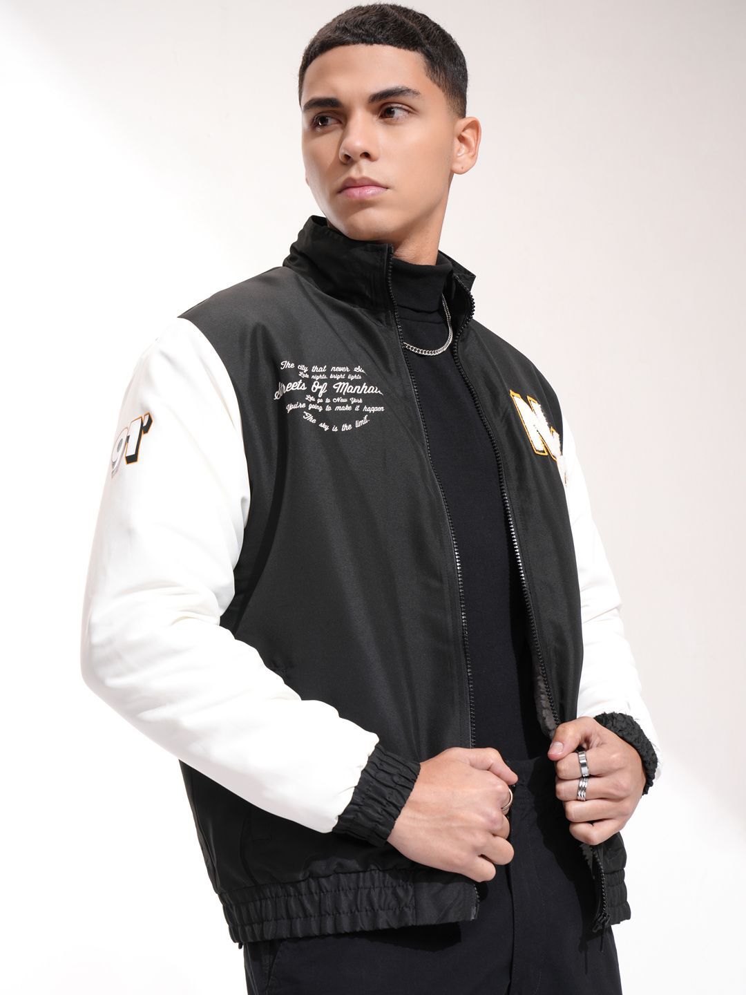 HIGHLANDER Men Mock Collar Typography Printed Casual Bomber Jacket