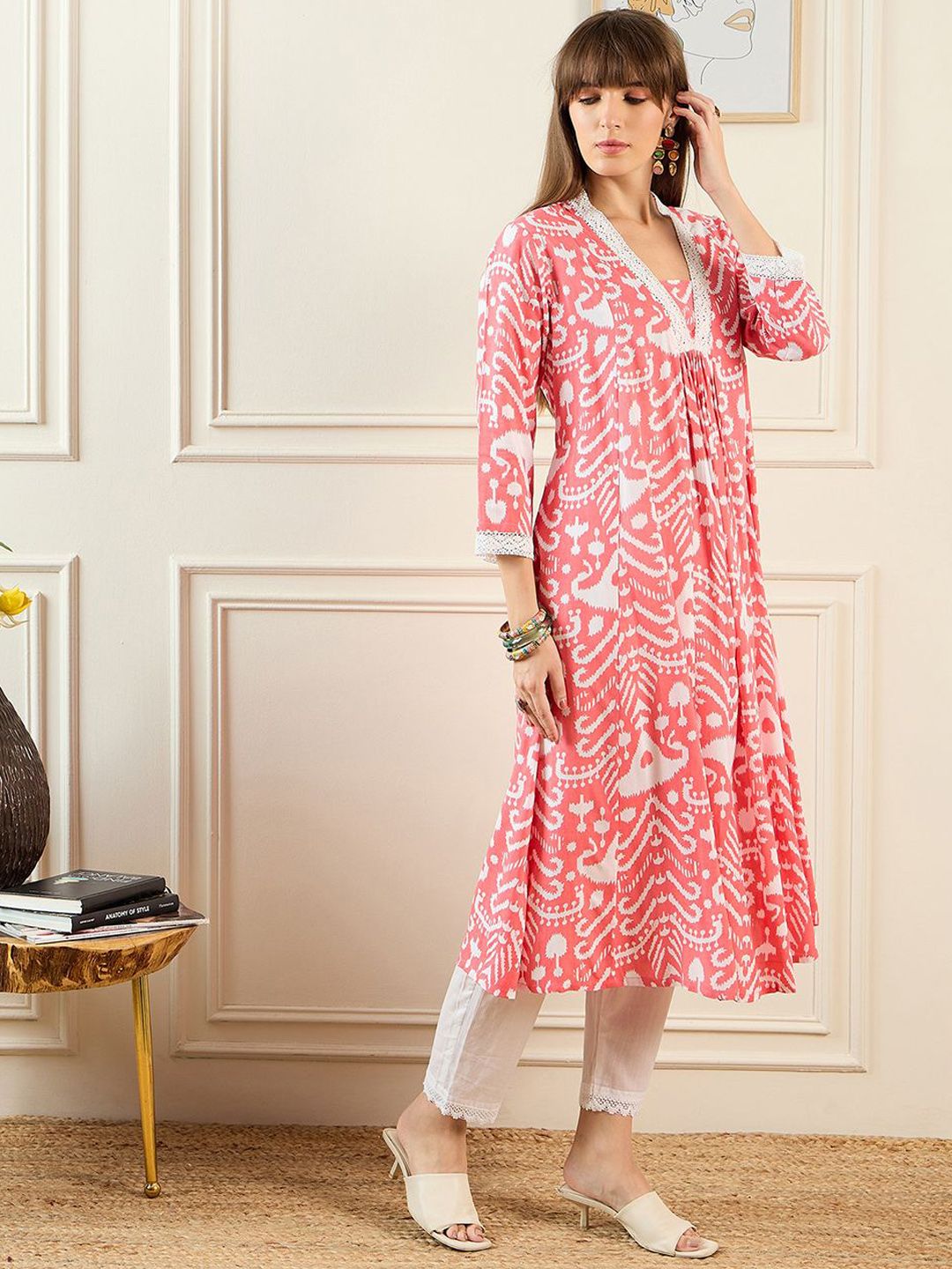 Indo Era Abstract Printed Pleated A-Line Kurta