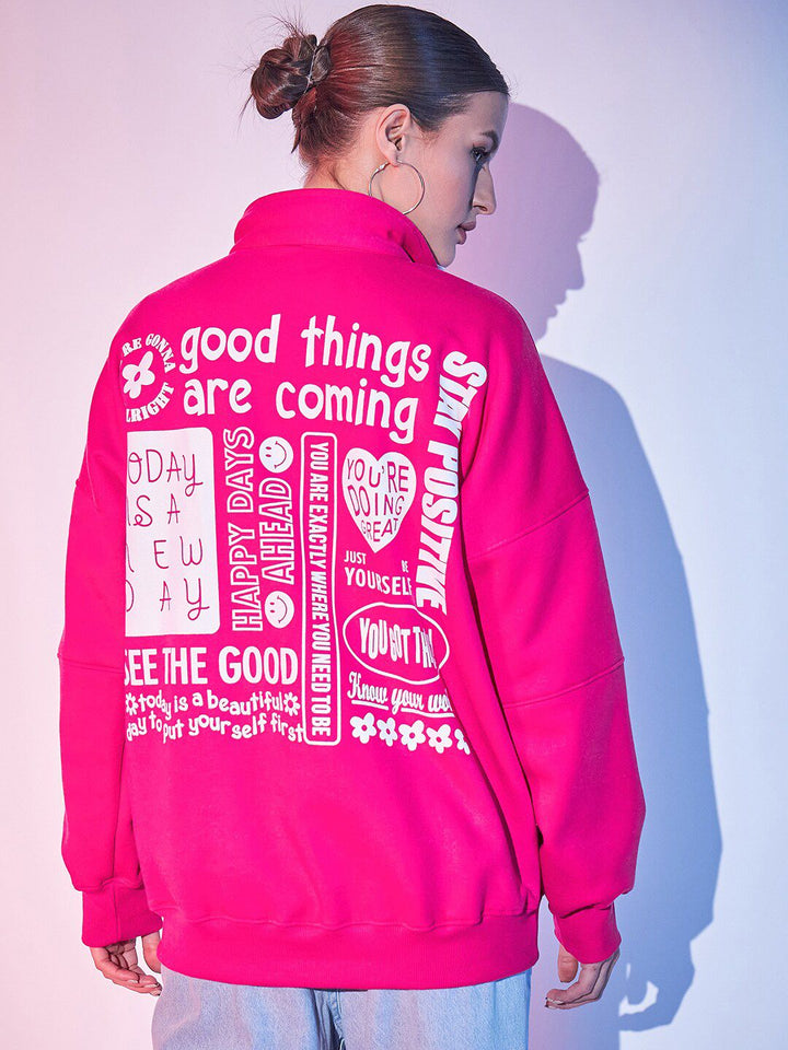 STREET 9 Fuchsia Typography Printed Mock Collar Pullover Fleece Sweatshirt
