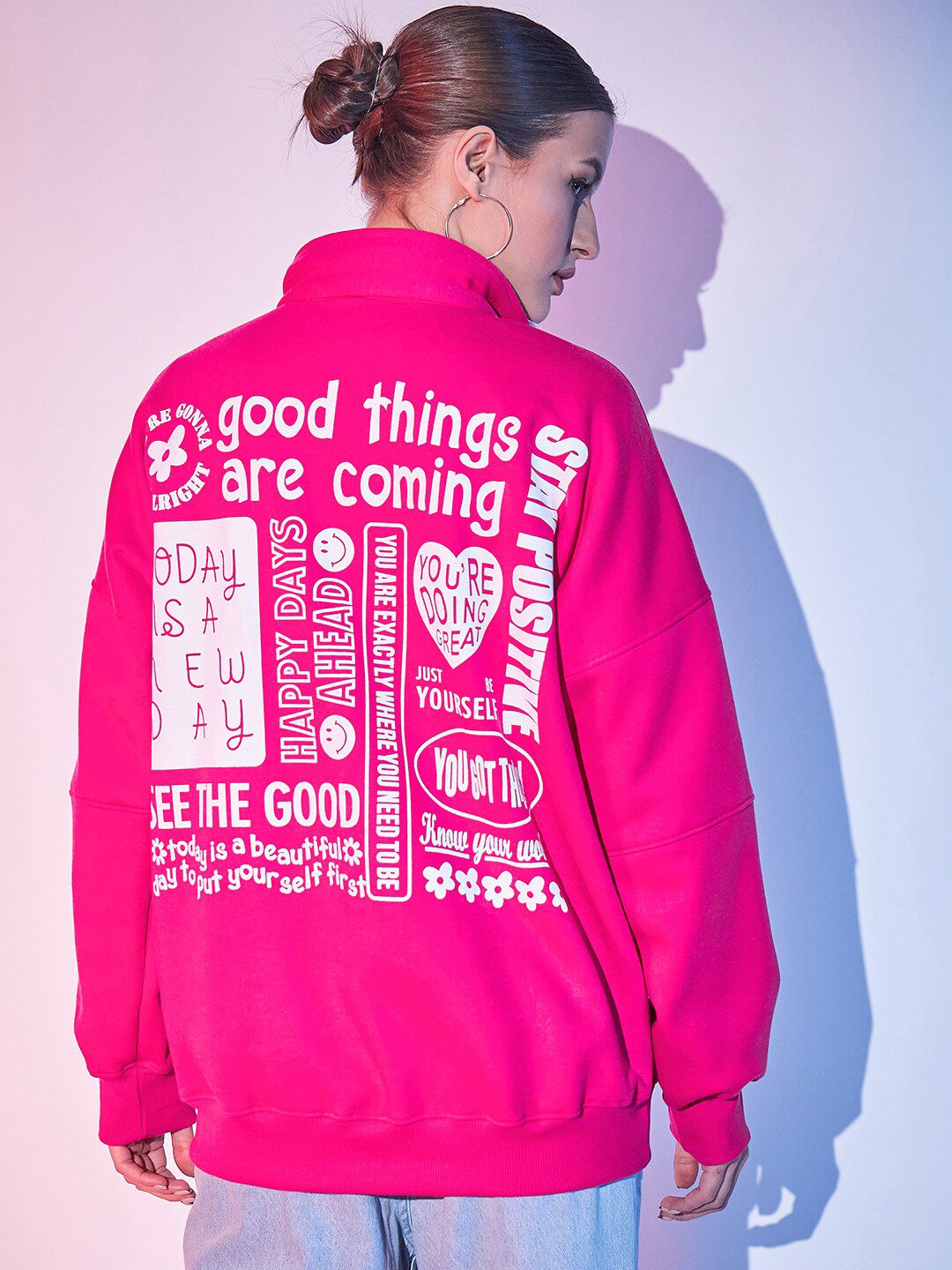 STREET 9 Fuchsia Typography Printed Mock Collar Pullover Fleece Sweatshirt