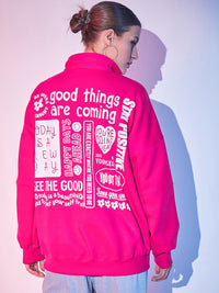 STREET 9 Fuchsia Typography Printed Mock Collar Pullover Fleece Sweatshirt
