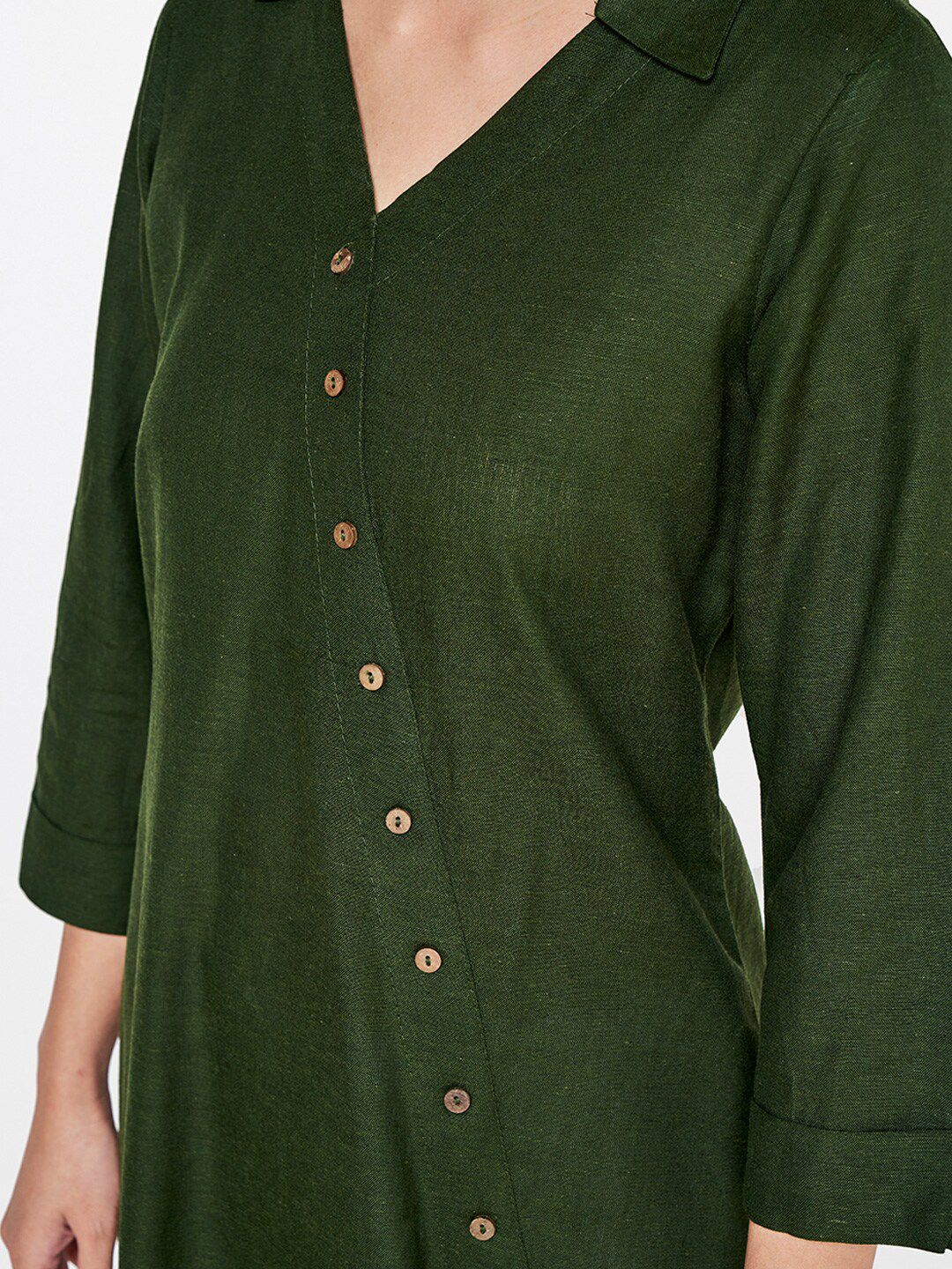 Global Desi Olive Green Viscose Rayon Shirt Collar Tunic