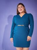 SASSAFRAS Plus Size V-Neck Belted Bodycon Dress