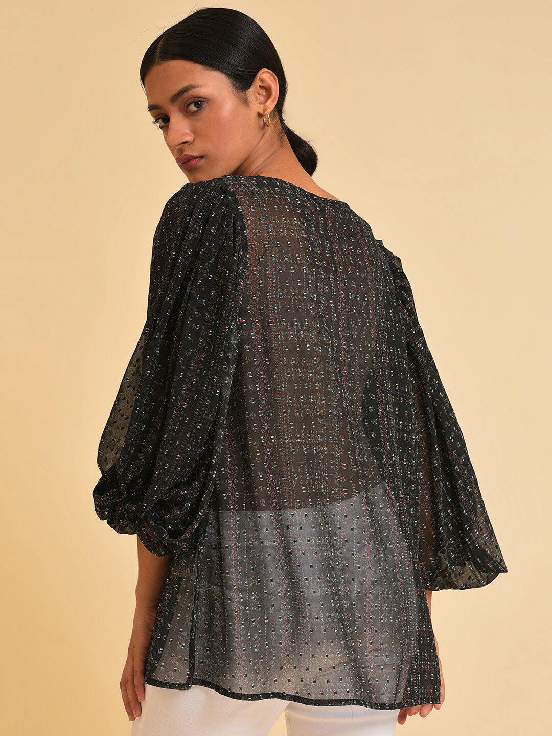 W Black Self Design Puff Sleeves Top