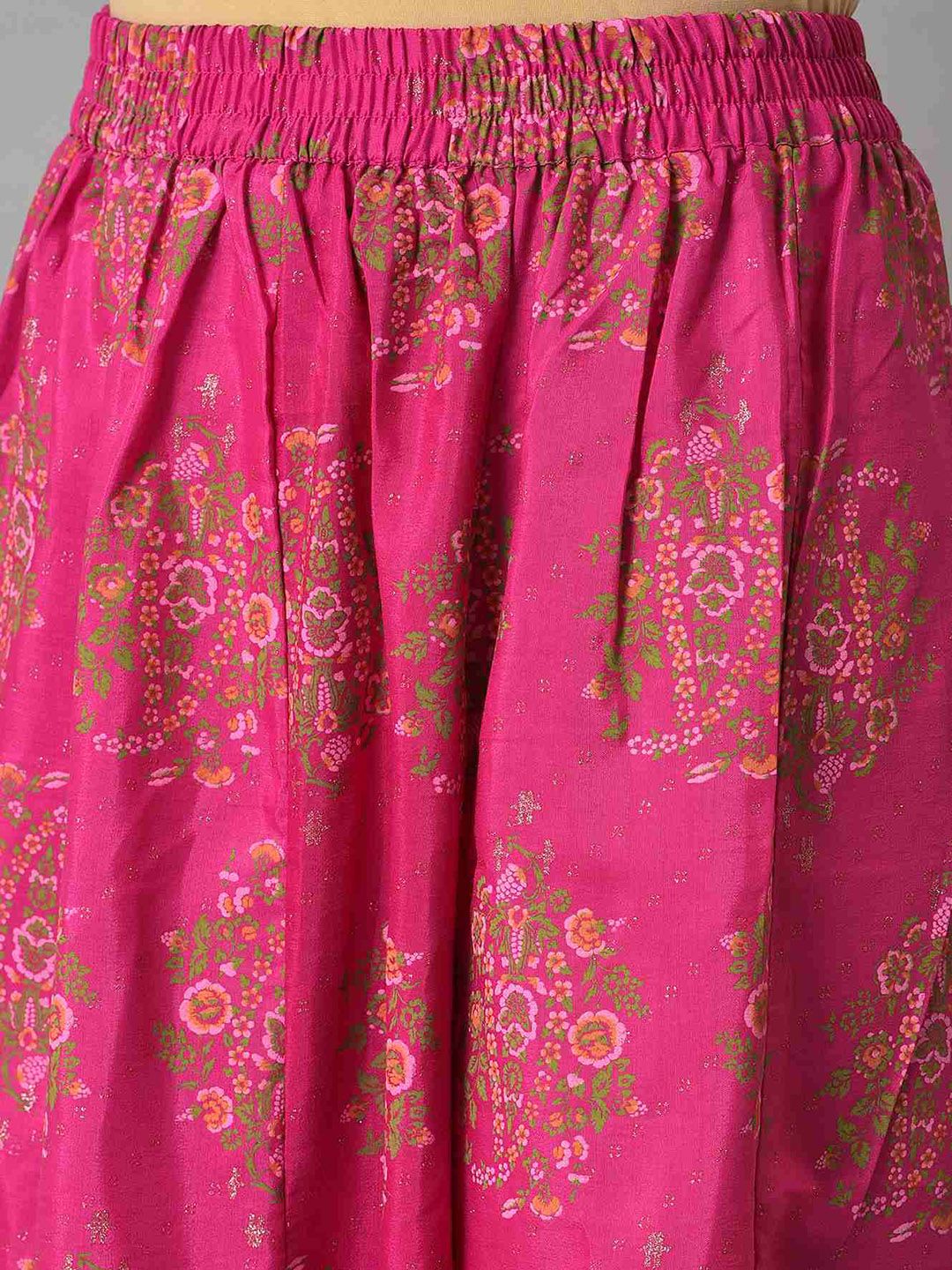 W Festive Floral Print Shantung Kurta With Cullotes & Dupatta