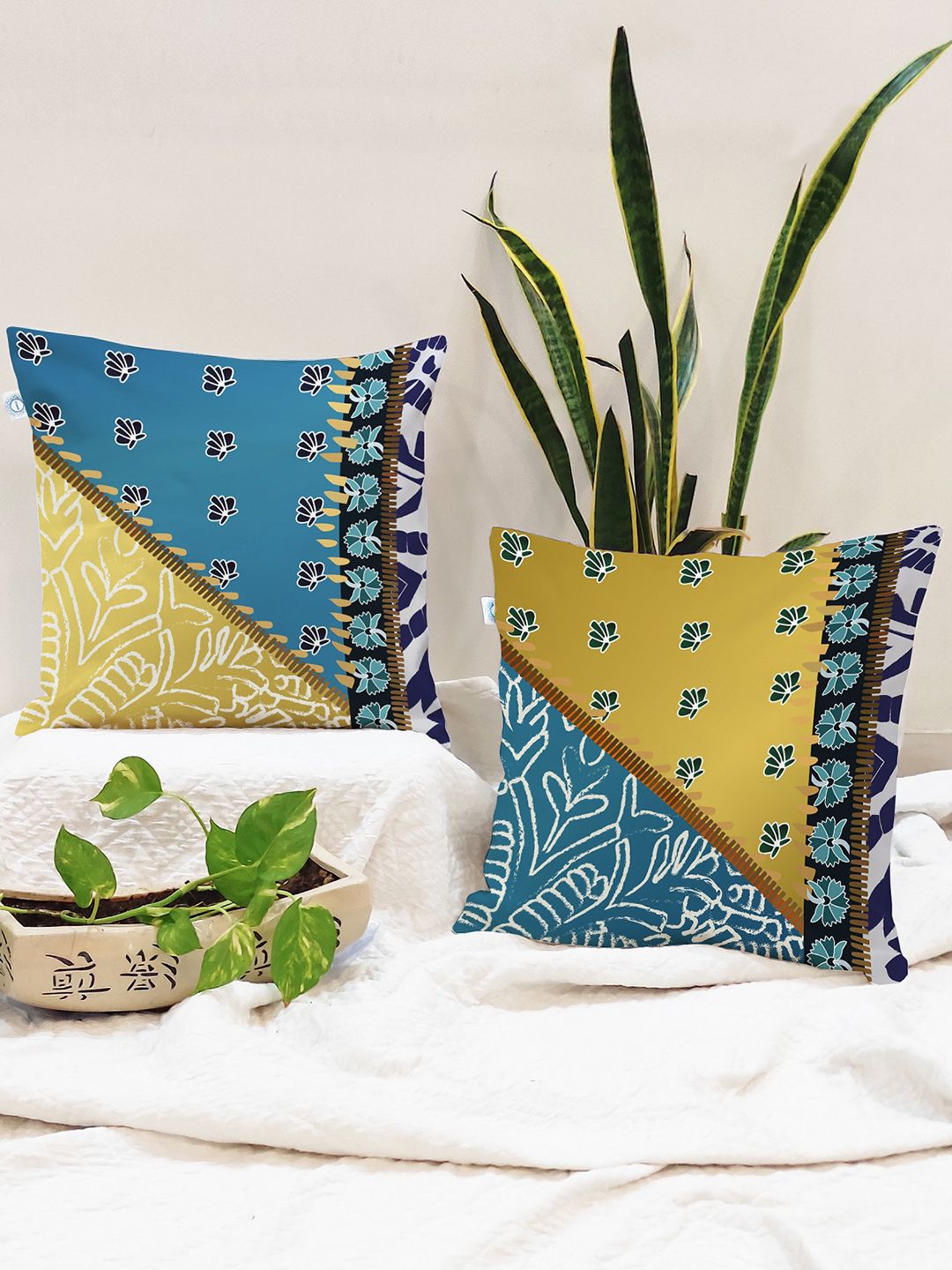 STITCHNEST Blue & Mustard Set of 2 Abstract Square Cushion Covers