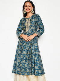 Global Desi Ethnic Motifs Printed Mirror Work Pleated Anarkali Kurta