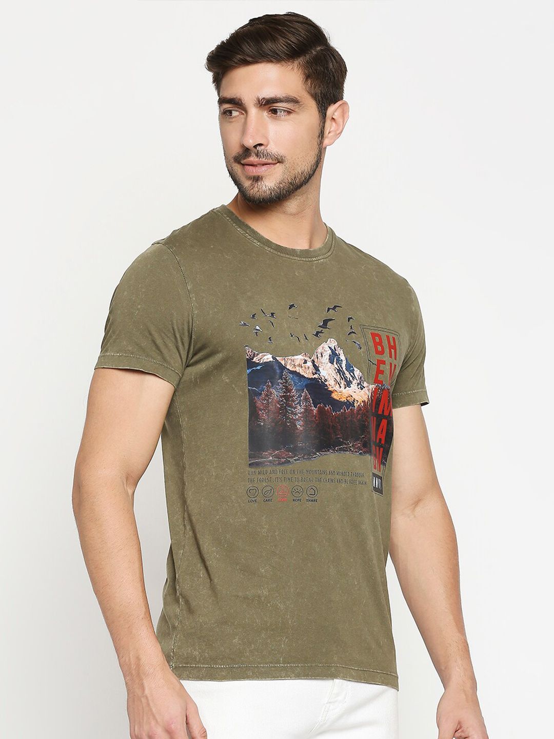 Being Human Men Olive Green Printed T-shirt
