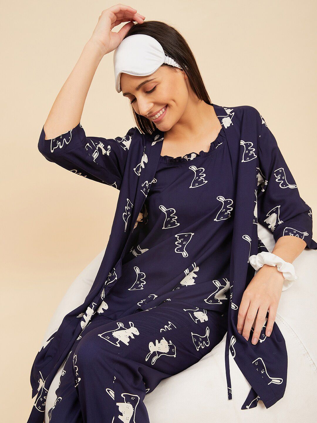 Sweet Dreams 3 Piece Navy Blue & White Conversational Printed Night suit