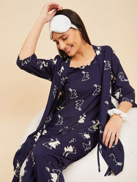 Sweet Dreams 3 Piece Navy Blue & White Conversational Printed Night suit
