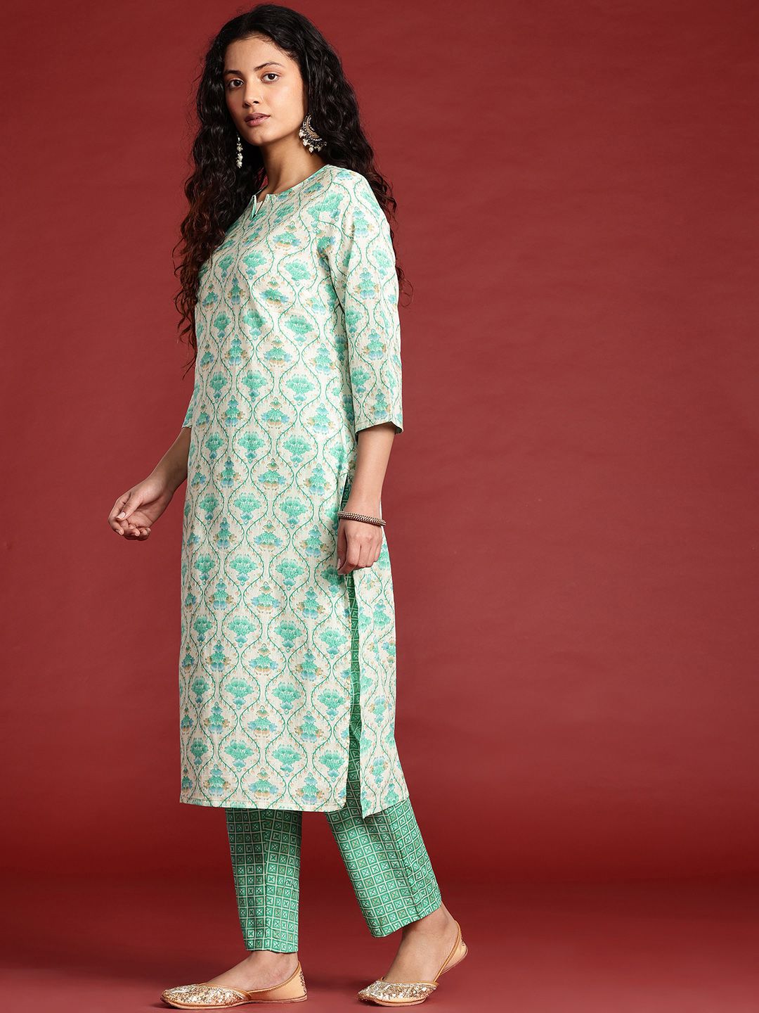 Anouk Ethnic Motifs Printed Cotton Kurta with Trousers & With Dupatta