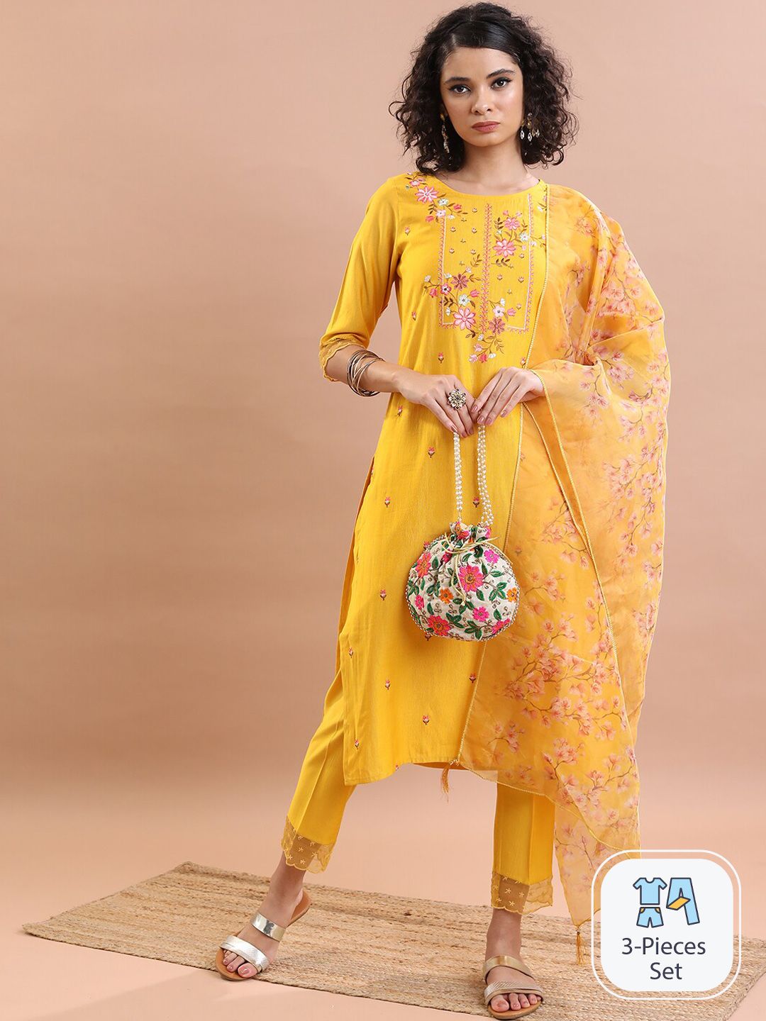 Vishudh Floral Embroidered Thread Work Kurta With Trousers & Dupatta