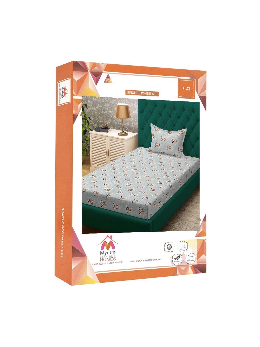 Myntra Elegant Homes Grey & Orange Floral 400 TC Single Bedsheet with 1 Pillow Covers