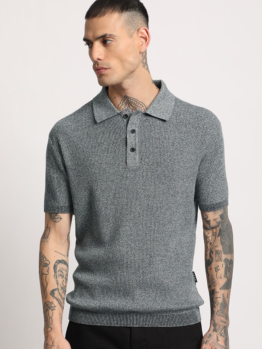 THE BEAR HOUSE Men Self Designed Regular Fit Cotton Polo Collar T-Shirt