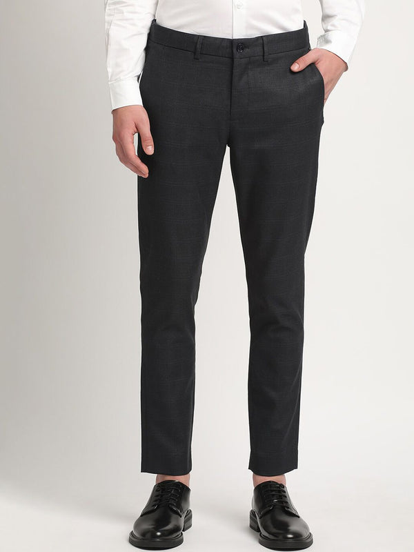 THE BEAR HOUSE Men Solid Checked Tapered Fit Mid-Rise Formal Trousers