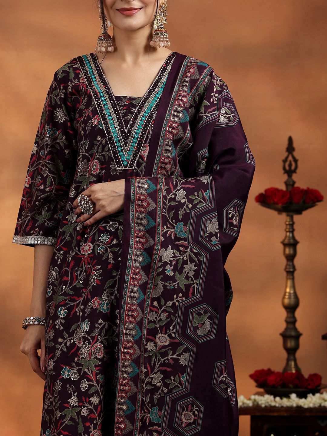 Libas Women Floral Printed Regular Mirror Work Kurta with Salwar & With Dupatta