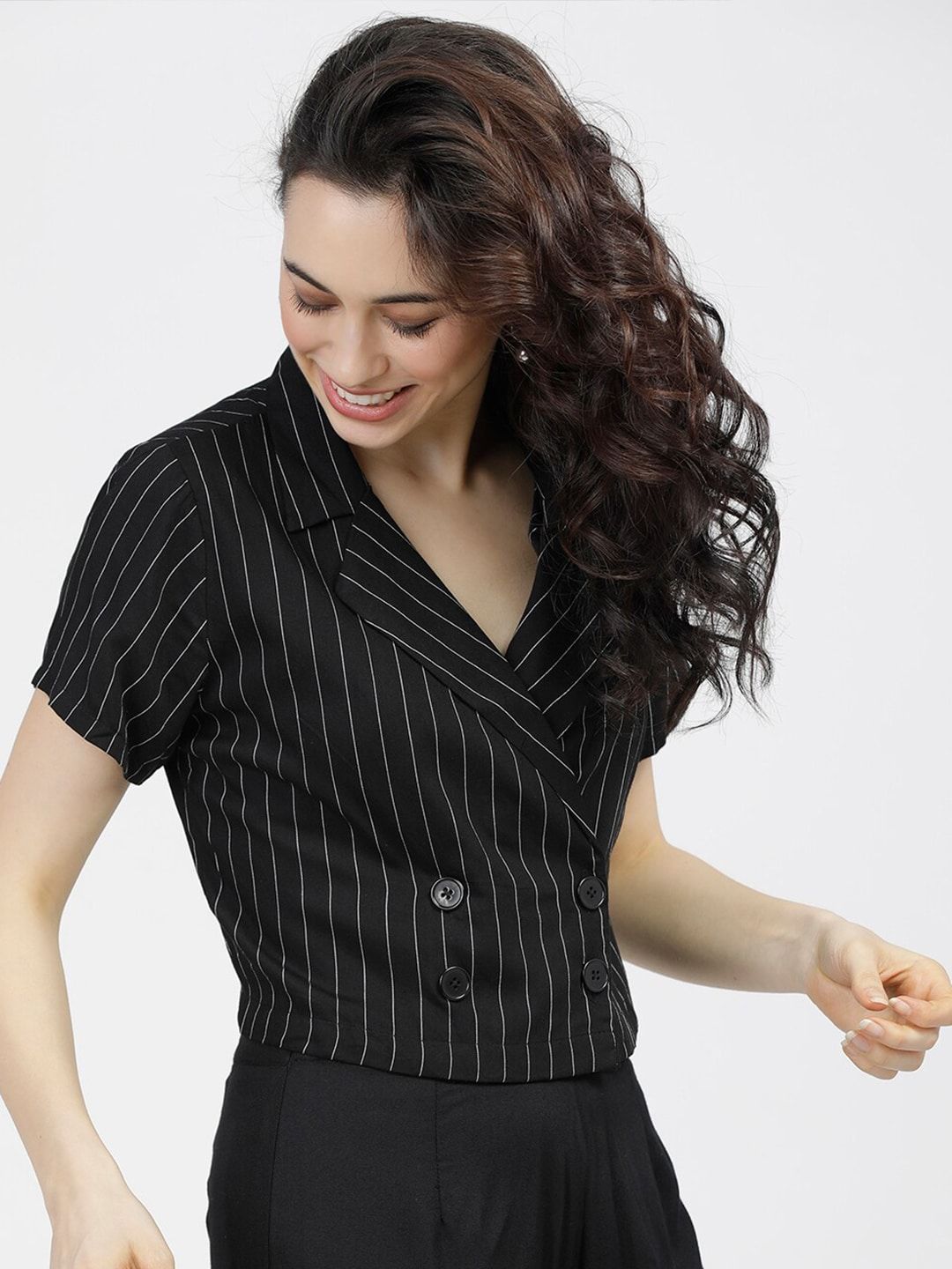 Tokyo Talkies Black Striped Shirt Style Top