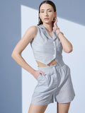 STREET 9 Striped Shirt Collar Pure Cotton Coat & Mid-Rise Shorts