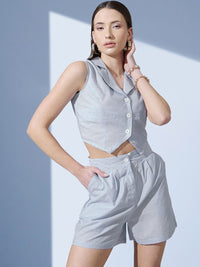 STREET 9 Striped Shirt Collar Pure Cotton Coat & Mid-Rise Shorts
