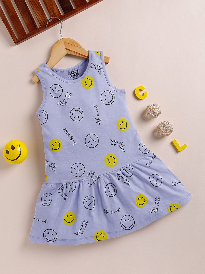 Happy Faces Pure Cotton Smiley Print A-Line Dress