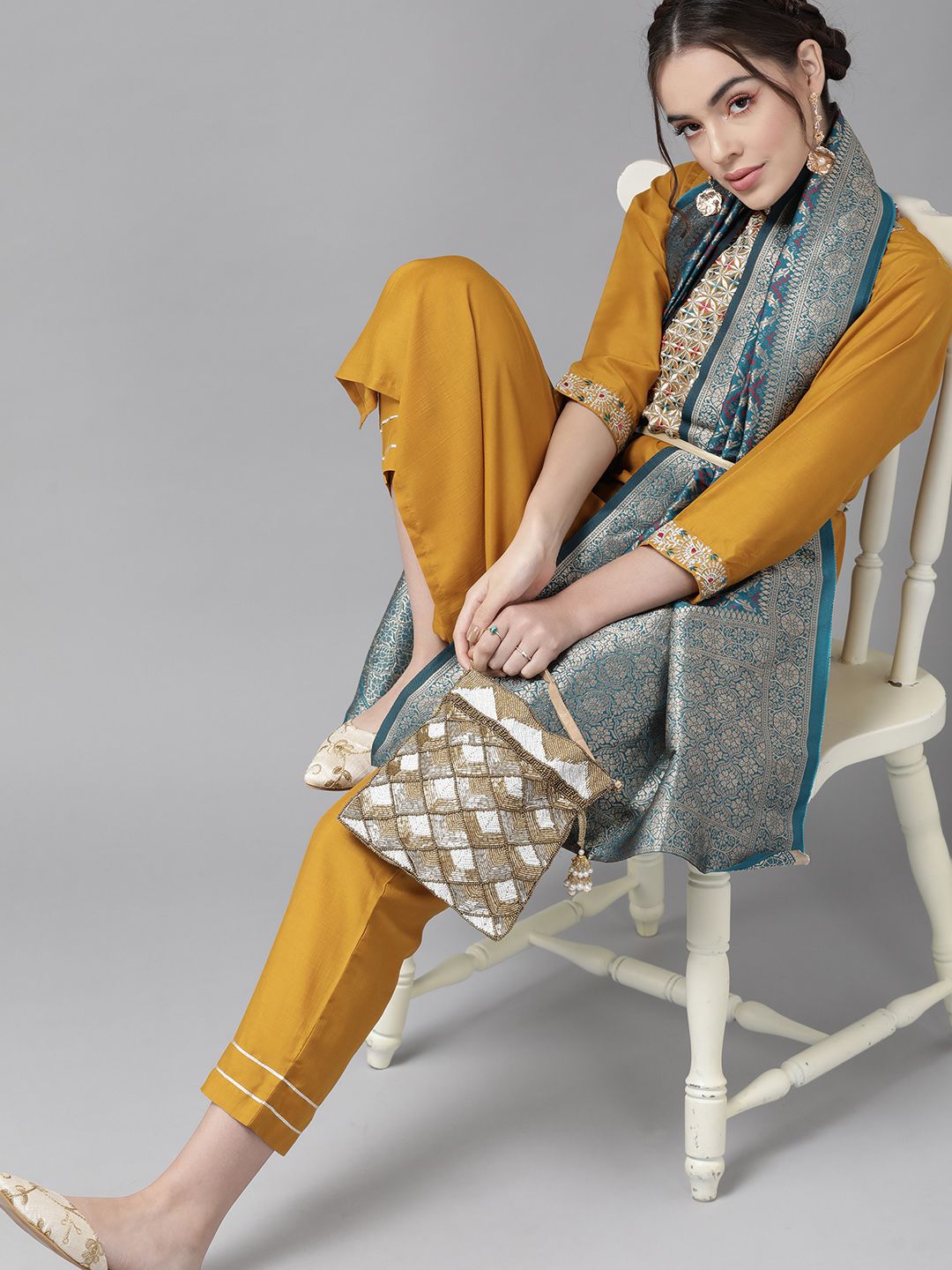 Varanga Creamy Mustard Yoke Design Kurta Set