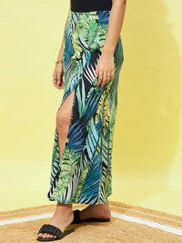 Berrylush Tropical Printed Front Slit A-Line Midi Skirt