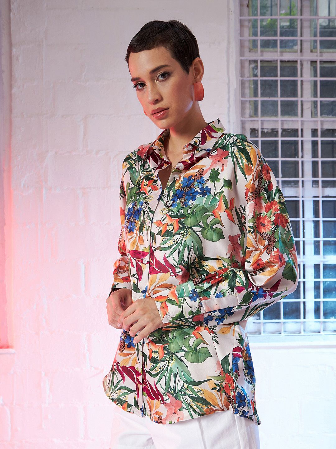 SASSAFRAS Beige Comfort Oversized Floral Printed Satin Casual Shirt