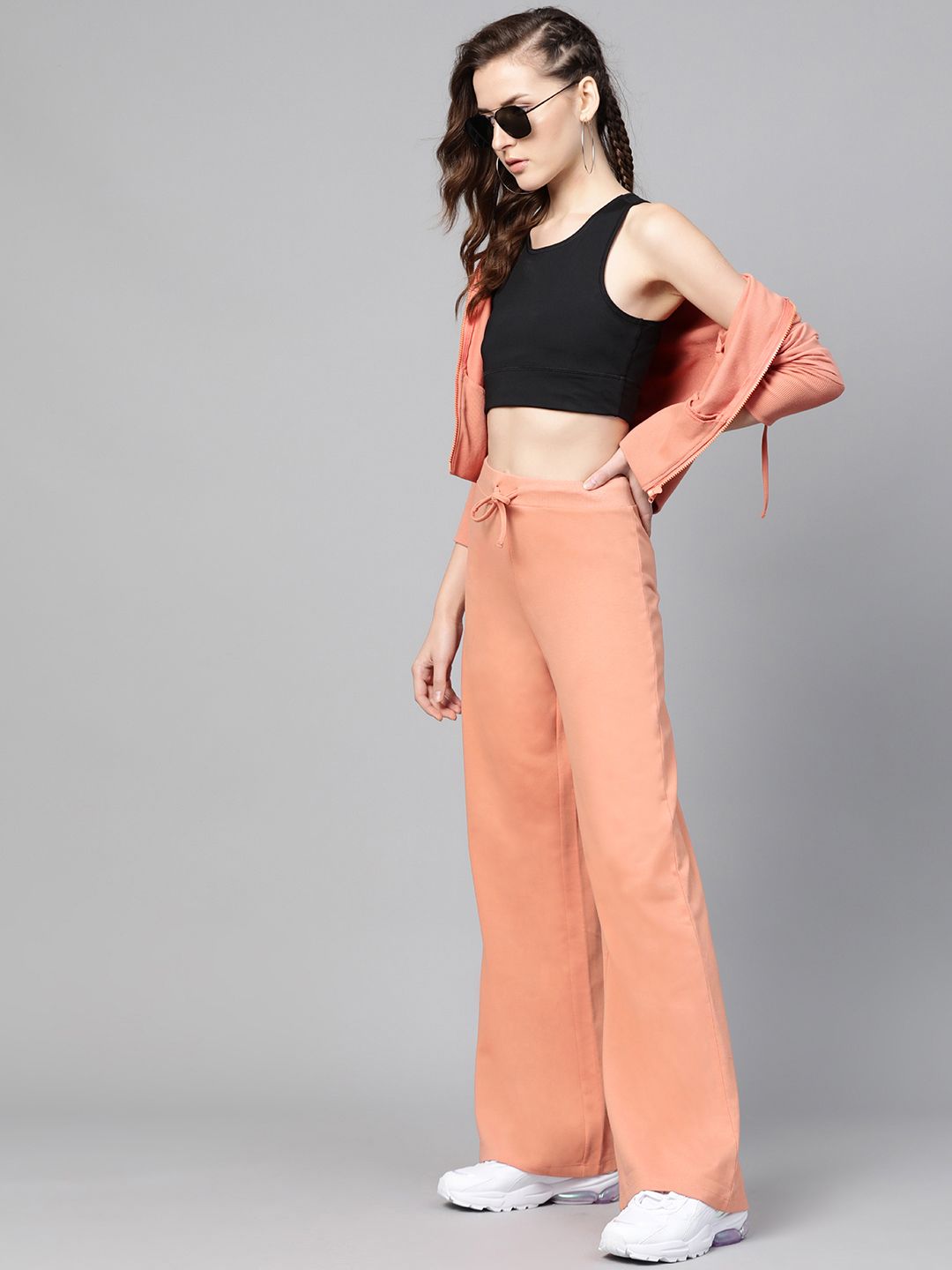 SASSAFRAS Women Peach-Coloured Solid Wide Leg Track Pants