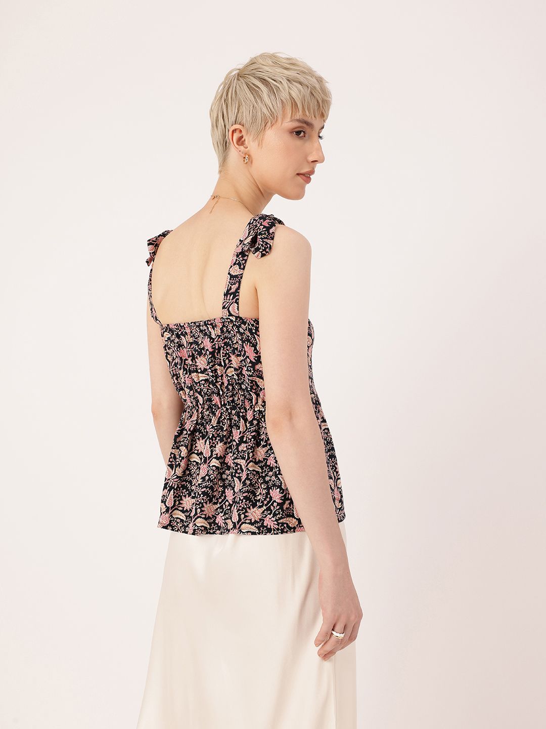 DressBerry Floral Printed Tie-Up Straps Gathers A-Line Top