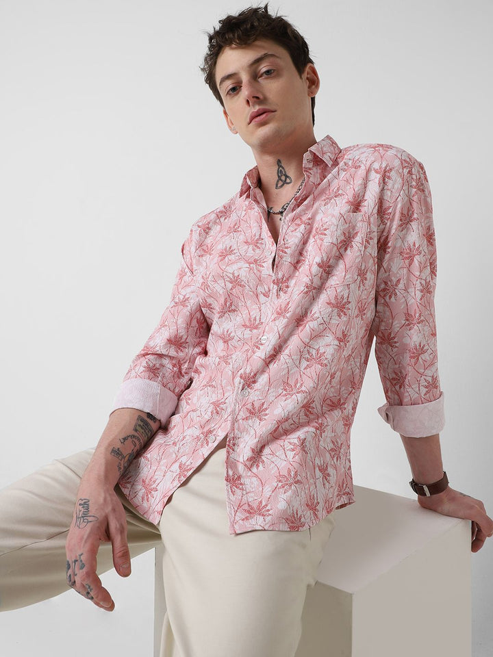 VASTRADO Classic Floral Printed Spread Collar Creased  Shirt