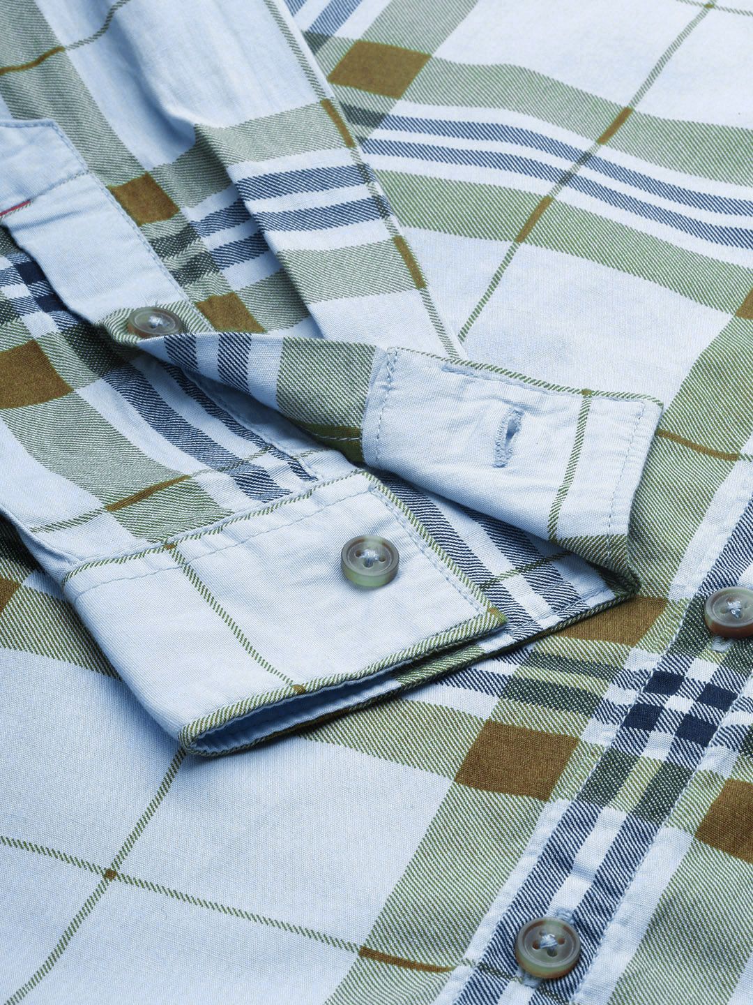The Indian Garage Co Men Blue & Mustard Brown Checked Pure Cotton Casual Shirt