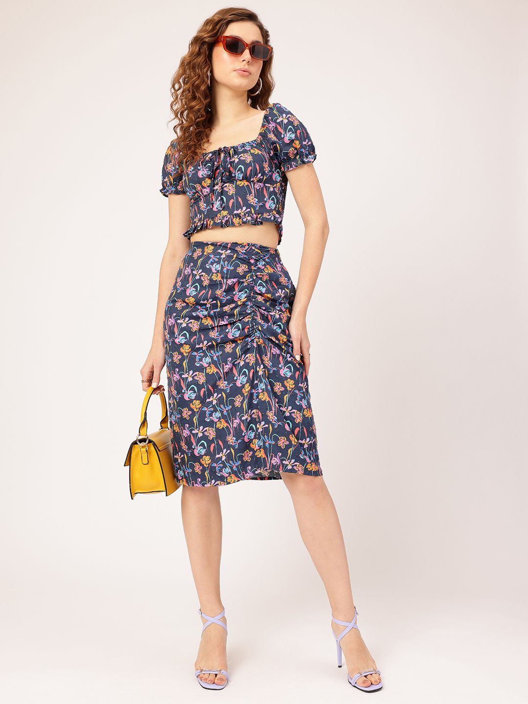 DressBerry Floral Frenzy Slit Statement Ruched Chic Co-ord