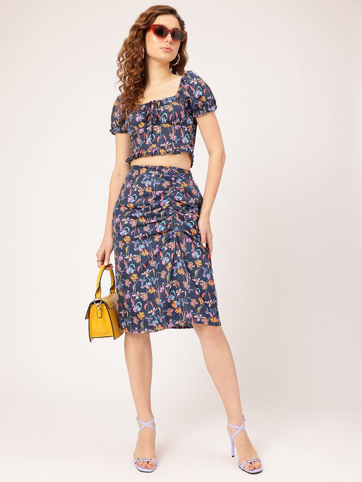 DressBerry Floral Frenzy Slit Statement Ruched Chic Co-ord