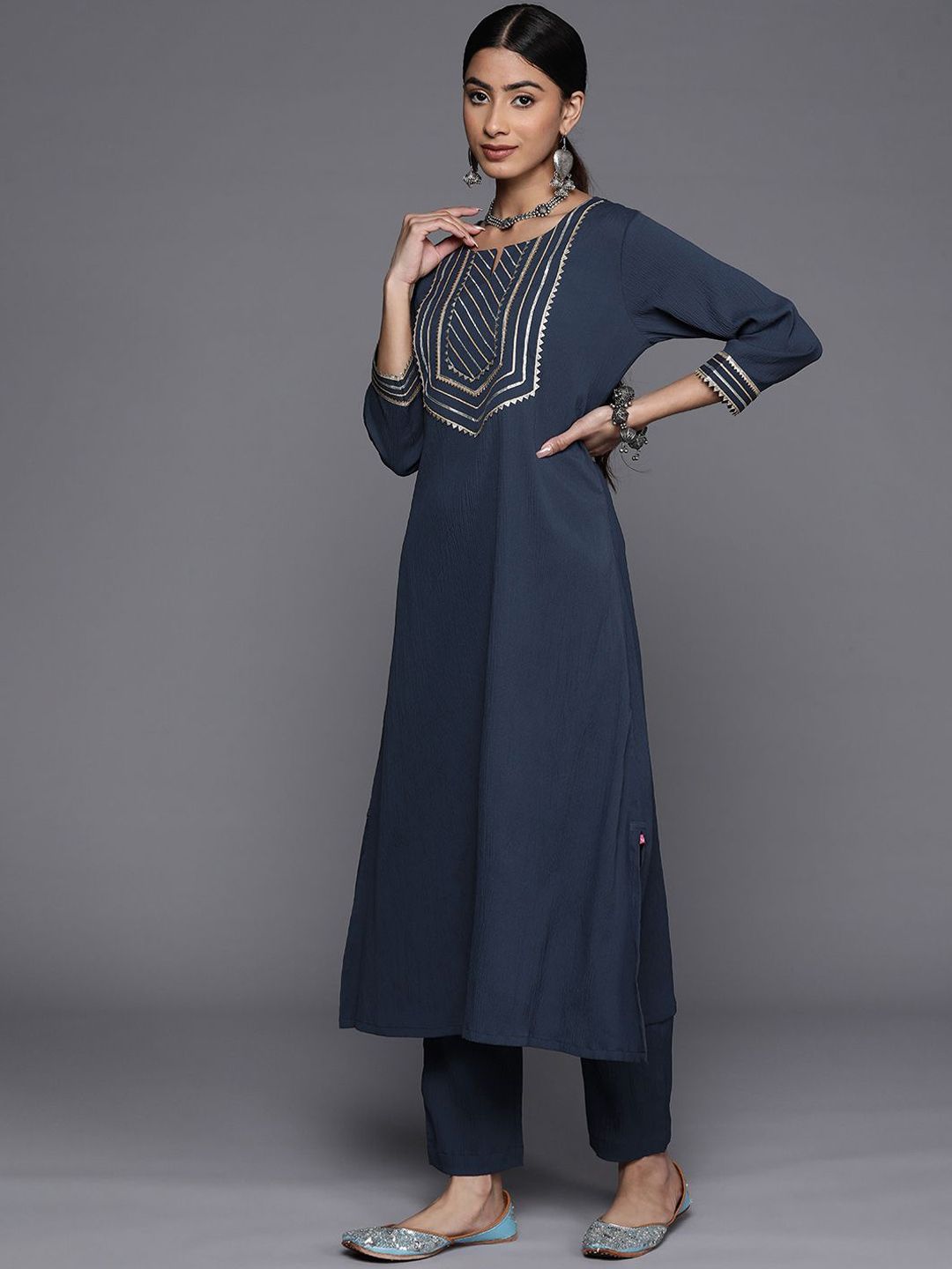 Varanga Navy Blue Notch Neck Gotta Patti A-Line Kurta