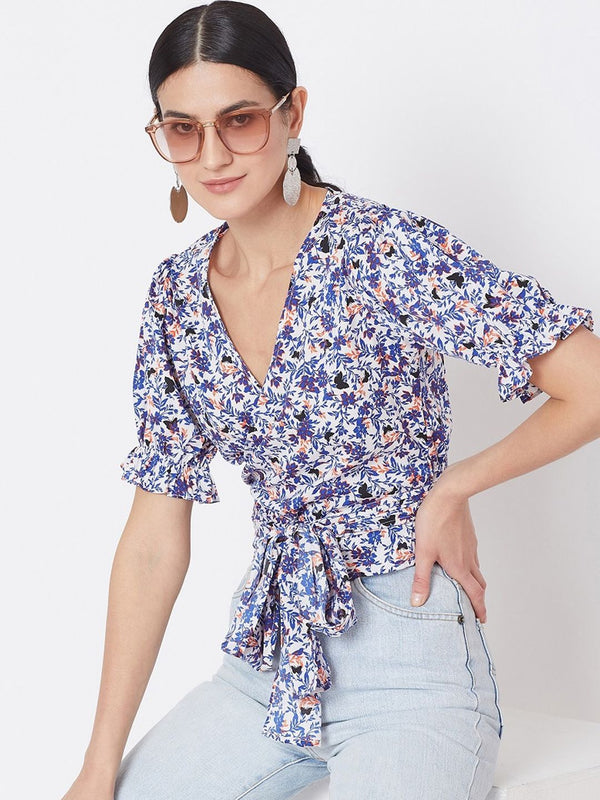 Berrylush Women White Printed Wrap Top