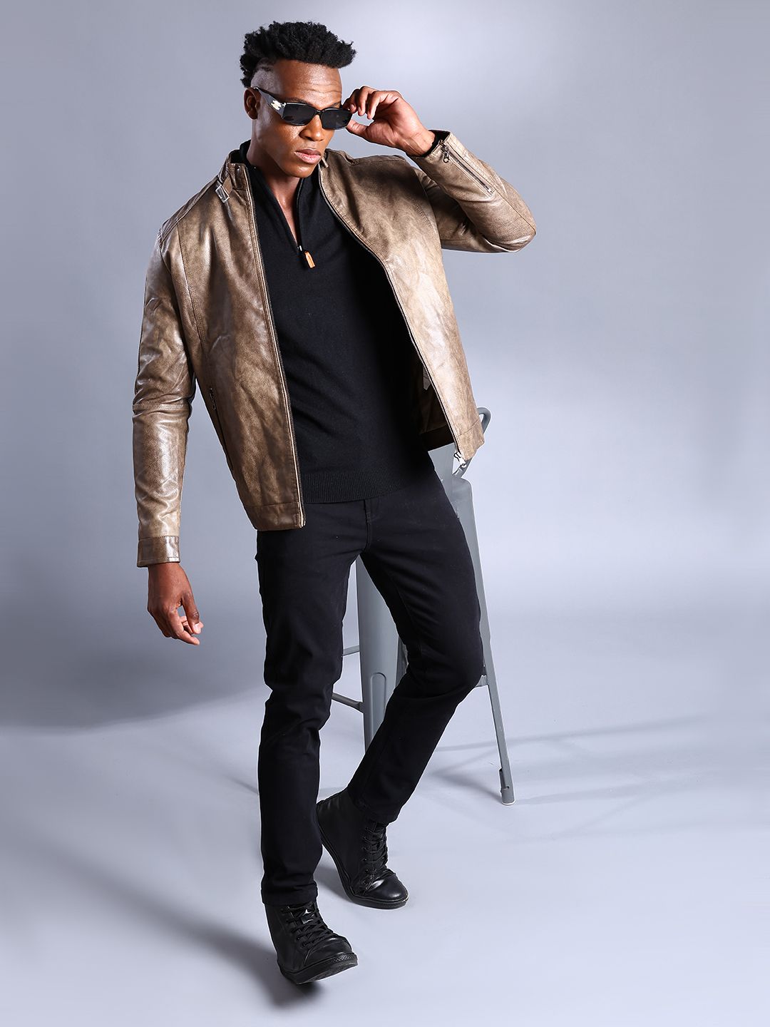 The Indian Garage Co Men Slim Fit Zip-Front Faux Biker Jacket