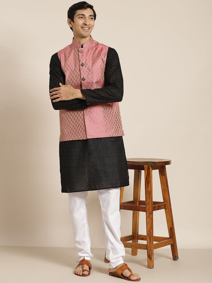 SOJANYA Lelaki Black Chikankari Pure Cotton Kurta with Churidar & Nehru Jacket