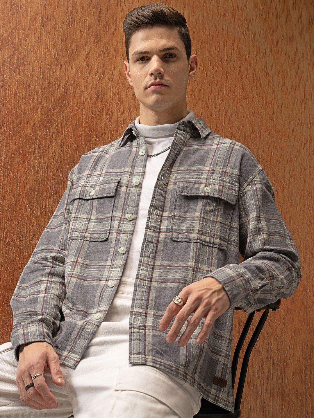 Locomotive Premium Men Grey Oversized Dobby Textured Checked Utility Pocket Overshirt