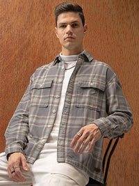 Locomotive Premium Men Grey Oversized Dobby Textured Checked Utility Pocket Overshirt