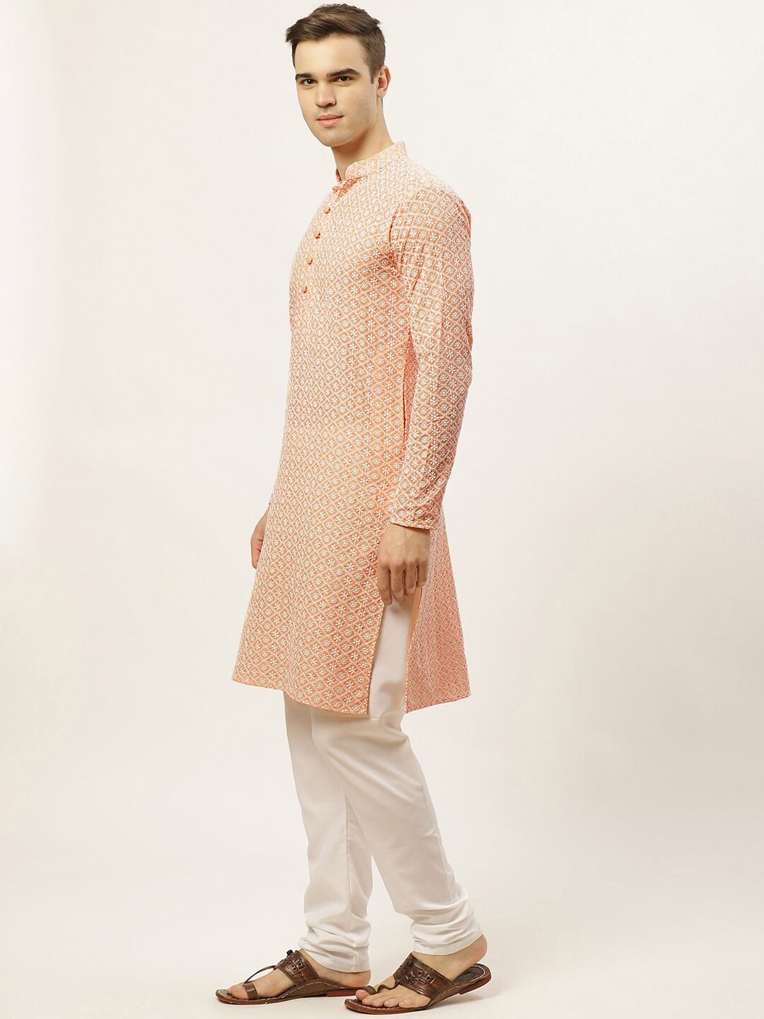 Jompers Men Orange & White Ethnic Motifs Embroidered Pure Cotton Kurta with Pyjamas