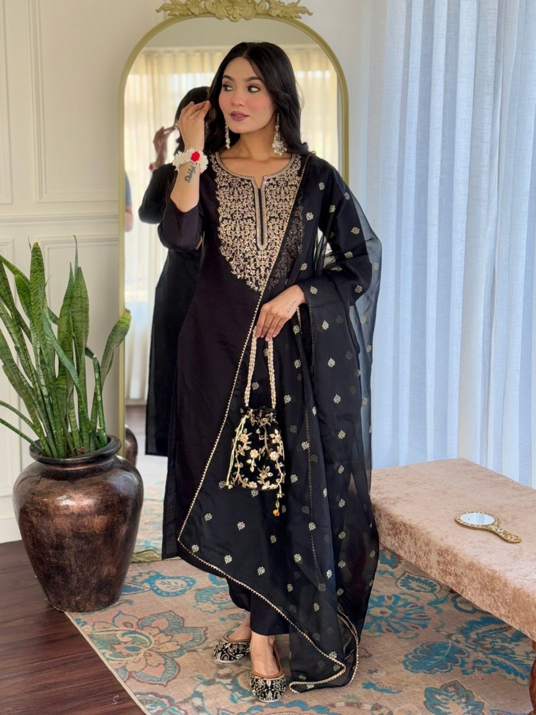 KALINI Floral Embroidered Sequinned Straight Kurta With Trousers & Dupatta