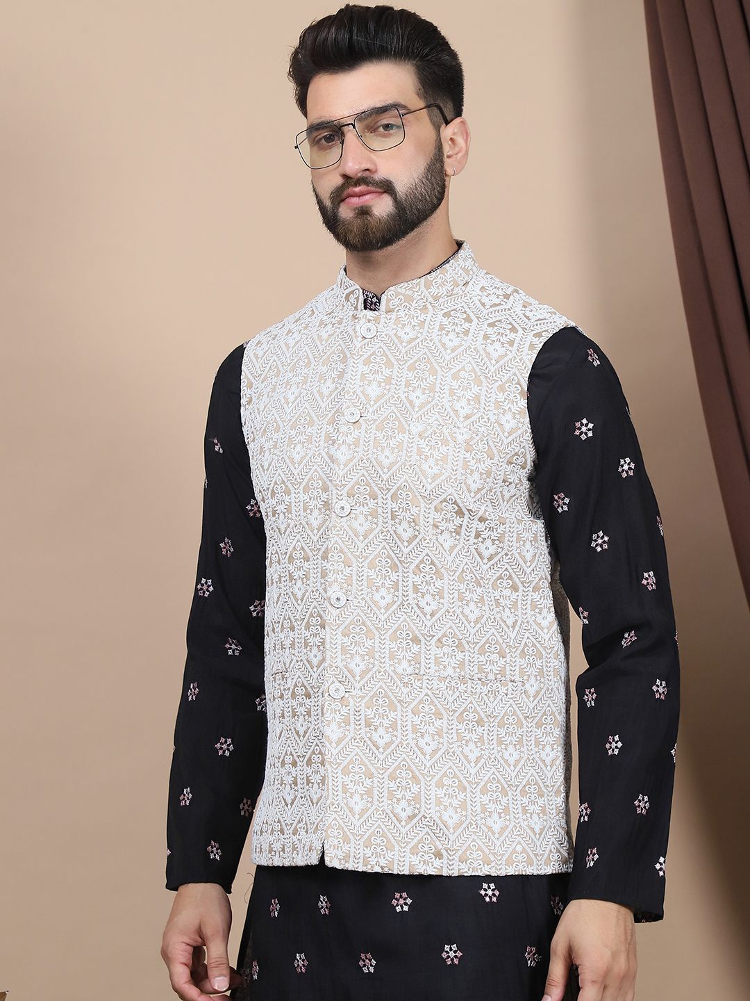 Anouk Black Embroidered Sequinned Cotton Silk Straight Kurta & Churidar & Nehru jacket