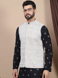Anouk Black Embroidered Sequinned Cotton Silk Straight Kurta & Churidar & Nehru jacket
