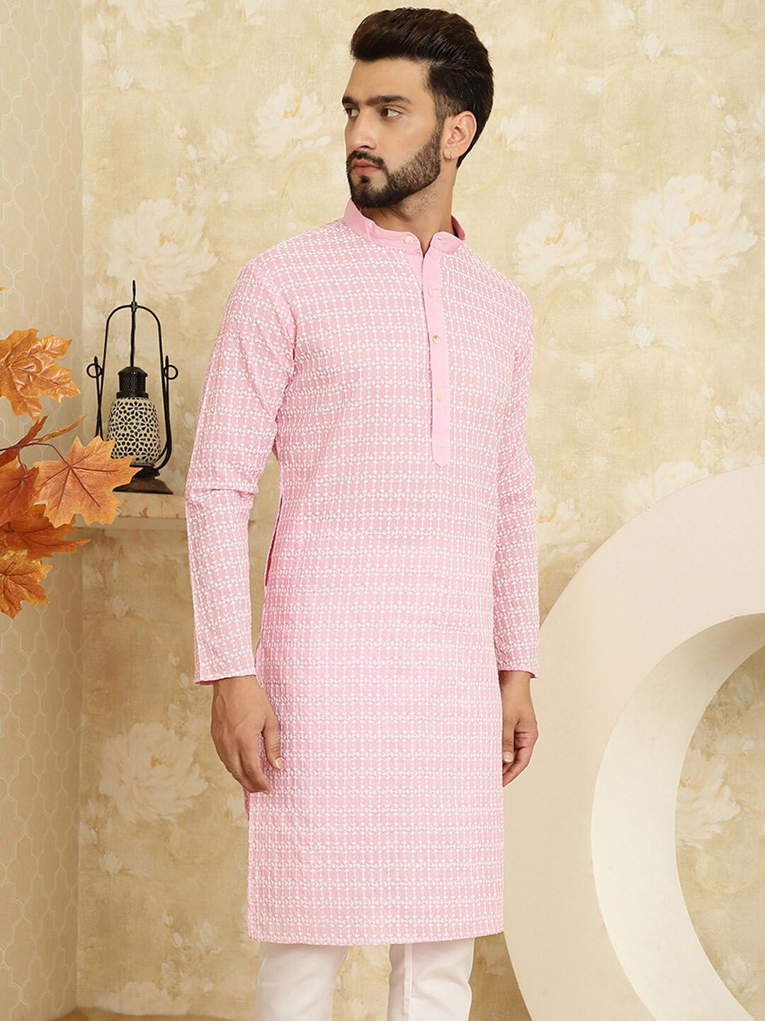 SOJANYA Floral Embroidered Band Collar Pastels Pure Cotton Straight Kurta