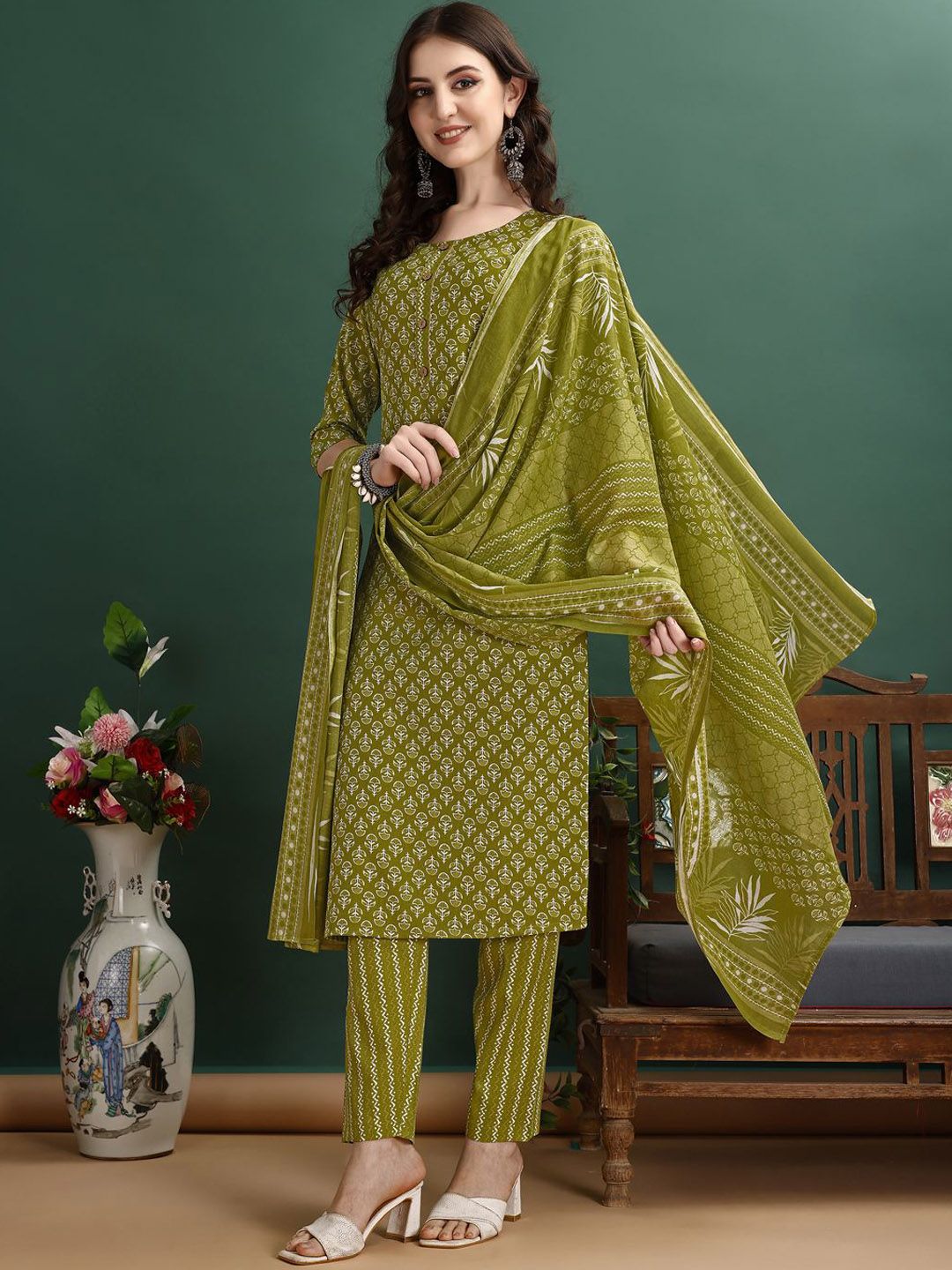 KALINI Women Ethnic Motifs Printed Regular Kurta with Trousers & Dupatta