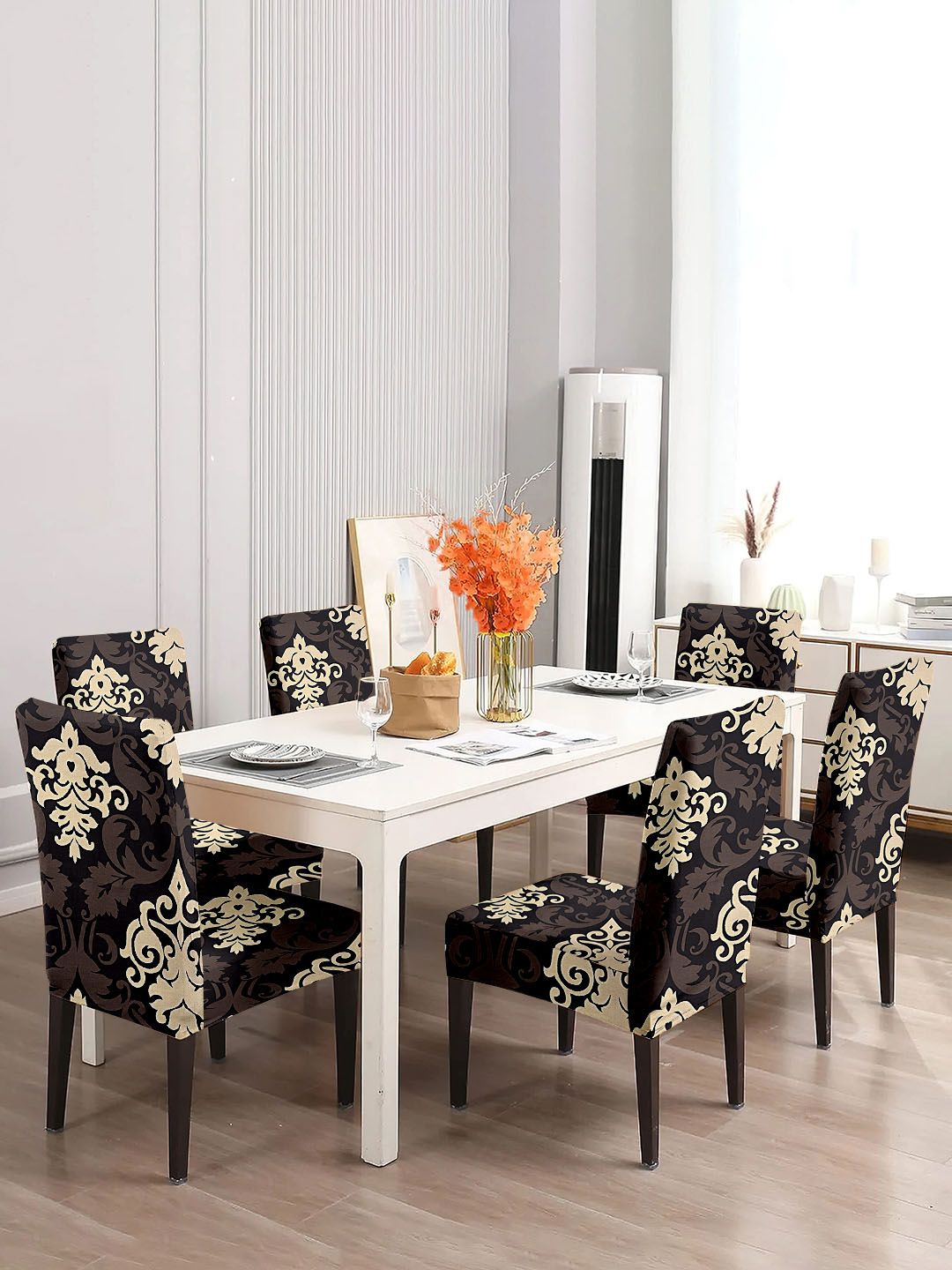 Cortina Black & Beige 6 Pieces Ethnic Motif Printed Super Stretchable Dining Chair Covers