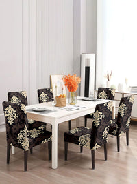 Cortina Black & Beige 6 Pieces Ethnic Motif Printed Super Stretchable Dining Chair Covers