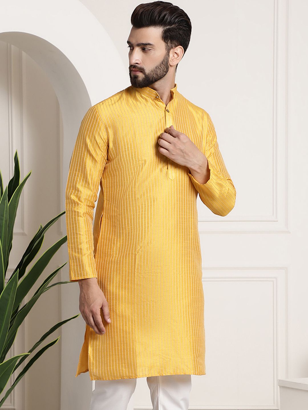 Sojanya Men Mustard Yellow & Golden Embellished Kurta