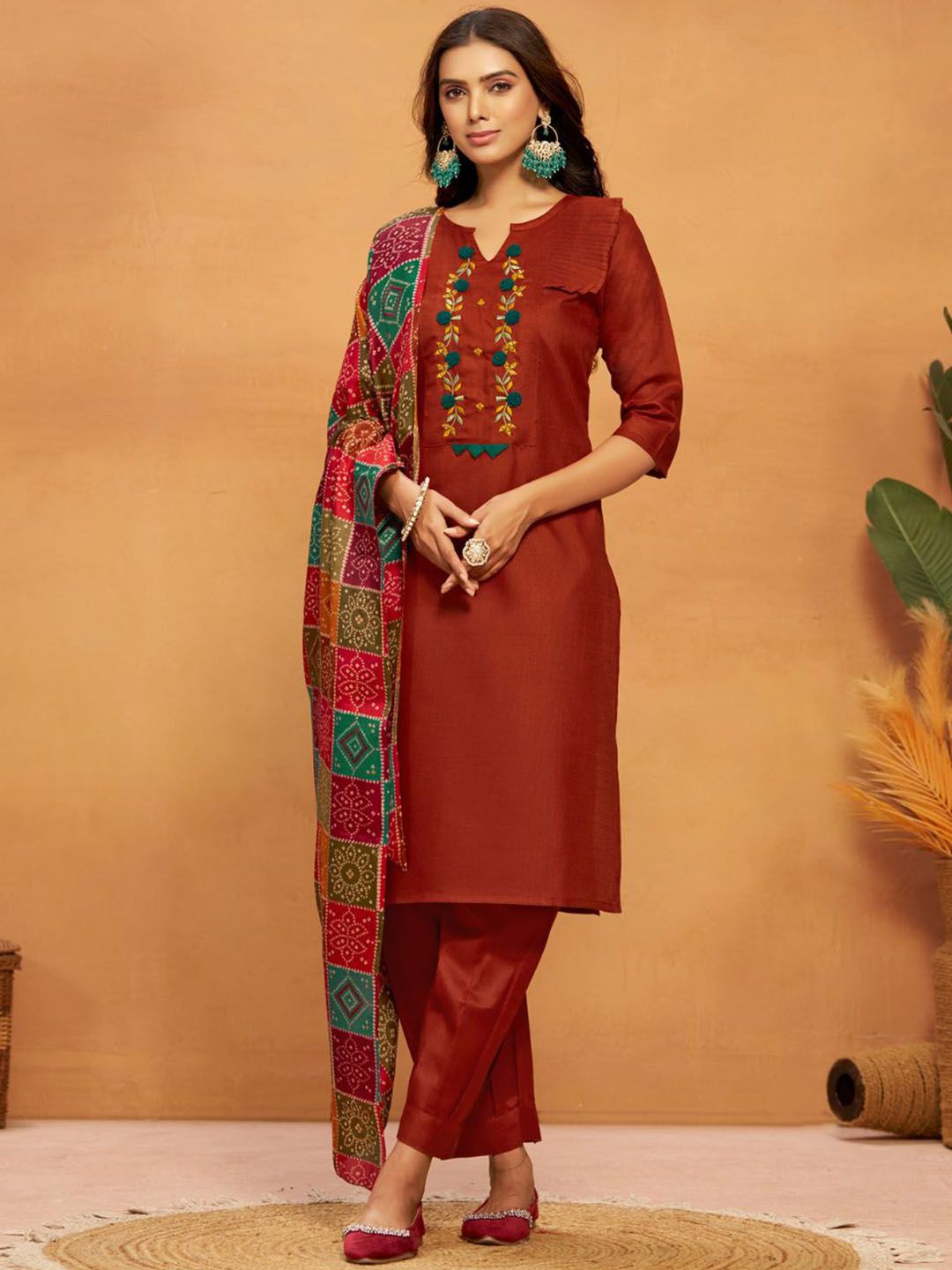 KALINI Ethnic Motifs Yoke Design Regular Thread Work Straight Kurta With Salwar & Dupatta