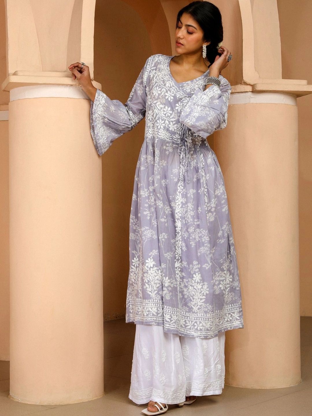 Rumah Wanita Chikankari Lengan Loceng Sulam Bunga Chikankari Kurta